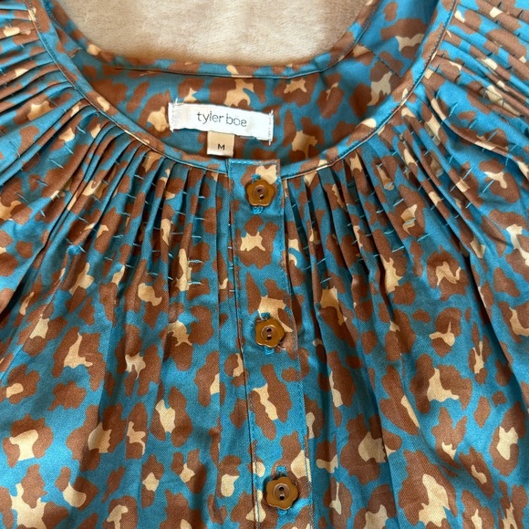 Tyler Boe Teal Leopard Print Smocked Peasant Top Brown Flower Buttons Sz M - Picture 8 of 12